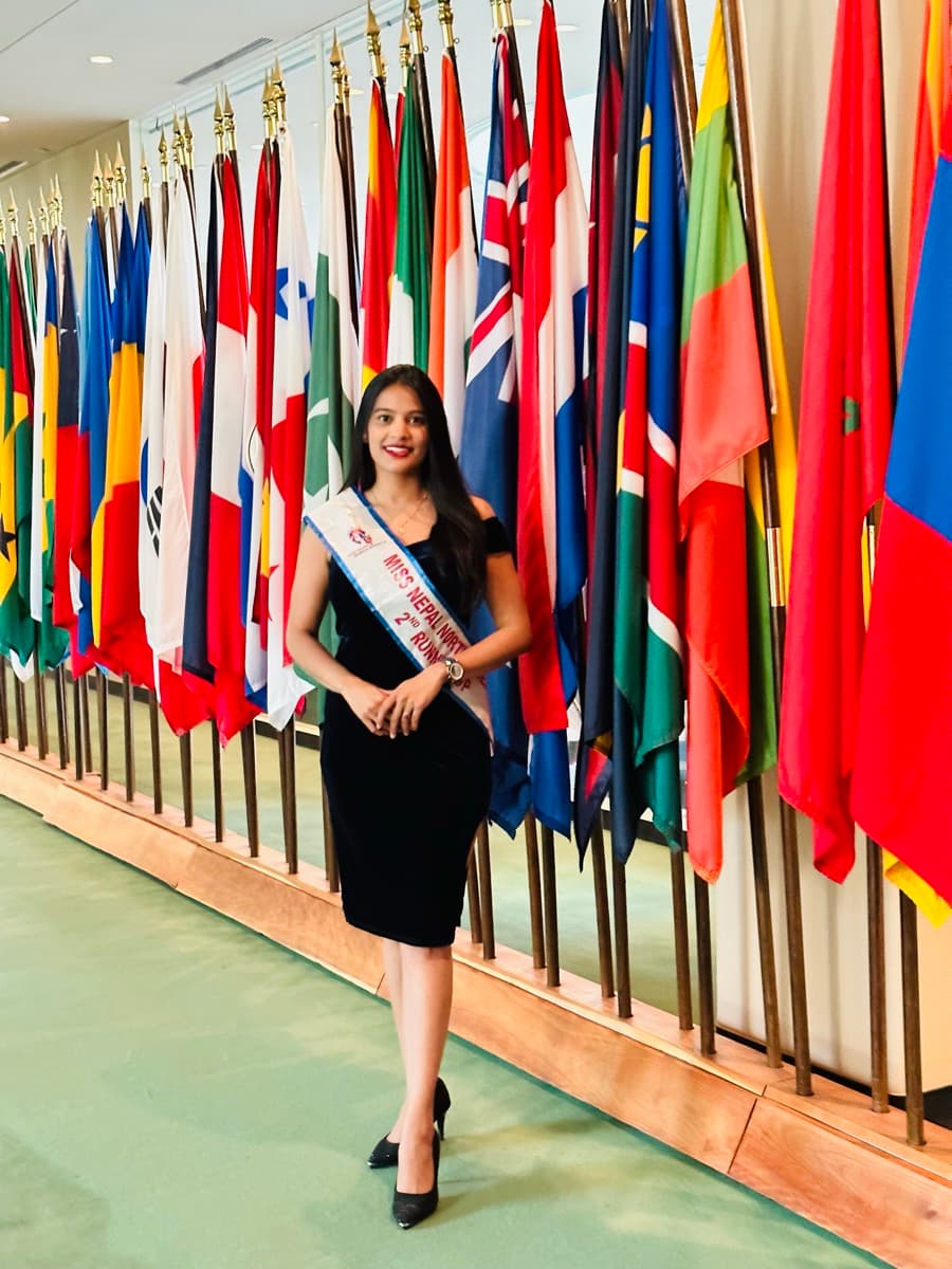 Divya Pant at UN headquarters with Miss Nepal NA sash